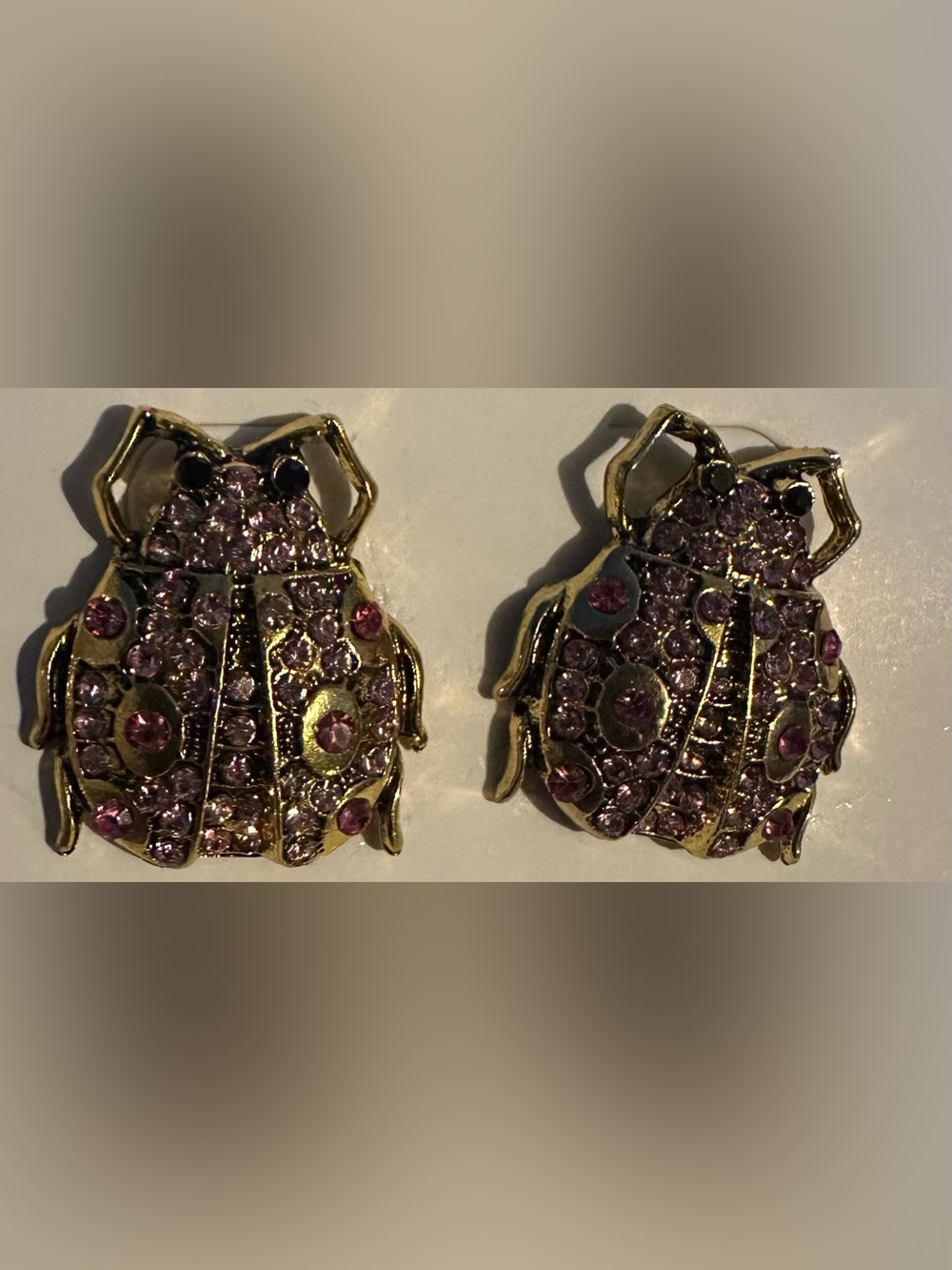 Gold-Tone Pink Crystal Beetle Earrings